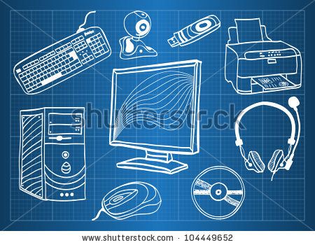 Blueprint of computer hardware - peripheral devices, sketch style by Martina Vaculikova, via ShutterStock Repair Guide, Sketch Style, Computer Repair, Computer Hardware, Computer Peripherals, Typography Fonts, Logic Board, Electronic Components, Mens Flip Flop