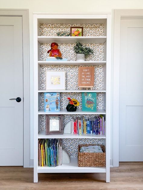 Bookcase Upgrade, Wallpaper Bookcase, Hemnes Bookcase, Ikea Billy Hack, Small Diy Projects, Billy Ikea, Easy Ikea Hacks, Ikea Hacks Ideas, Ikea Billy Bookcase Hack