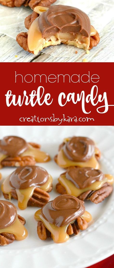 Recipe for the best caramel pecan turtle candy ever! So easy and so yummy! Everyone loves these chocolate covered caramel pecan clusters! #turtlecandies #pecanturtles #turtlecandy #homemadeturtlecandy #candyrecipe #creationsbykara Chocolate Covered Turtles Caramel Pecan, Pecan Carmel Clusters, Salted Caramel Pecans, Thanksgiving Candy Recipes, Pecan Clusters Turtles, Pecan Turtles Recipe Easy, Turtle Candy With Pecans And Caramel, Homemade Turtle Candy, Pecan Caramel Clusters