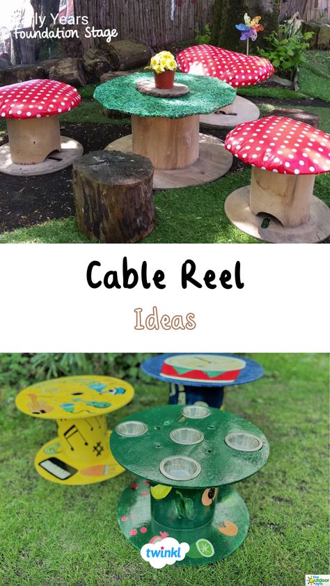 Transform your cable reel into these lovely resources for your outdoor area eyfs! Thanks to the outdoor eyfs & Catherine Lane Outdoor Enhancements Eyfs, Outdoor Set Ups Childcare, Outdoor Nature Area Eyfs, Cable Reel Ideas Eyfs Outdoor Play, Cable Reel Mud Kitchen, Year 2 Outdoor Provision, Maths Outside Area Eyfs, Diy Eyfs Outdoor Area, Eyfs Outdoor Art Area