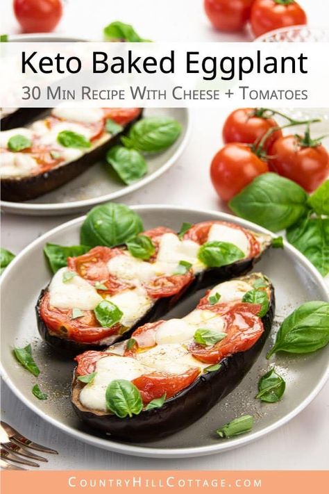 See how to make the best oven baked eggplant with cheese and tomatoes recipe! Similar to keto eggplant pizza, no breaded roasted eggplant makes a healthy, low carb dinner or side dish. This easy egg plant recipe is ready 30 minutes, the perfect easy dinner recipe for busy weeknights or a light lunch! Similar to aubergine parmigiana or crispy parm, can be made with mozzarella or parmesan, tomatoes or marinara sauce. Gluten free, no breadcrumbs. #keto #lowcarb #eggplant | countryhillcottage.com Low Carb Eggplant Recipes, Oven Baked Eggplant, Baked Eggplant Recipes, Healthy Low Carb Dinner, Baked Tomato Recipes, Keto Eggplant, Parmesan Tomatoes, Tomato Bake, Eggplant Pizza