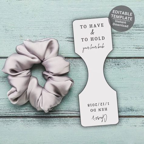 The newest addition to our digital downloads. Scrunchie tags! Editable in canva, easily printed and cut out. Pysical item coming soon! https://designsbypeachykeen.etsy.com/listing/1768652081 #scrunchietag #bridesmaidgifts #flowergirlgift #hairaccessory Printable Scrunchie Tag Template, Wedding Infographic, Wedding Newspaper, Bridemaids Gifts, Proposal Box, Bridesmaid Proposal Box, Flower Girl Gifts, Tag Template, Hen Do