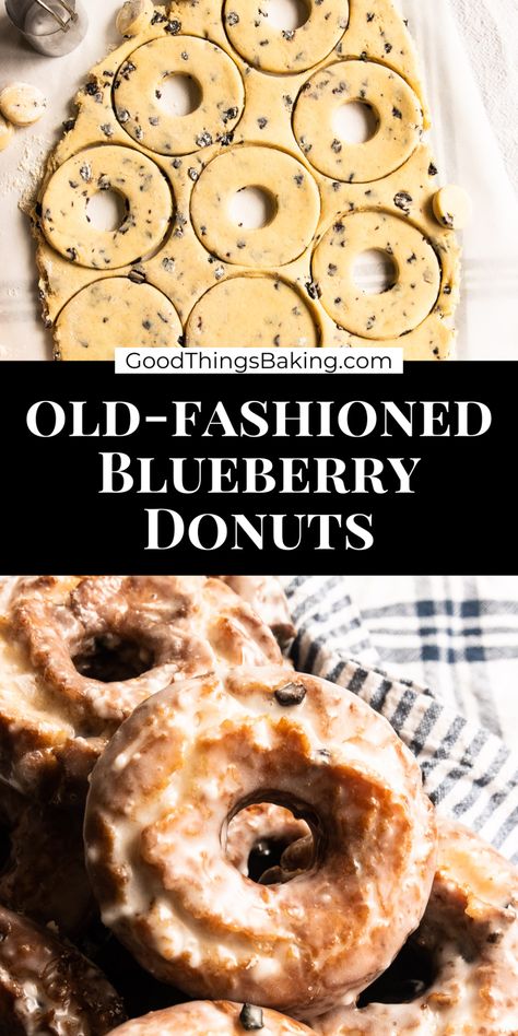 These blueberry cake donuts will rival any that you find at your favorite donut shop. They're deep fried with a crackly layer of glaze and a tender, lightly sweet center. Blueberry Doughnut Recipe, Bread Machine Donuts Recipes, Oven Donut Recipe, Breakfast Sweet Recipes, Donut Casserole, Donut Flavors Ideas, Blue Dessert Ideas, Blueberry Baked Goods, Blueberry Cake Donut Recipe