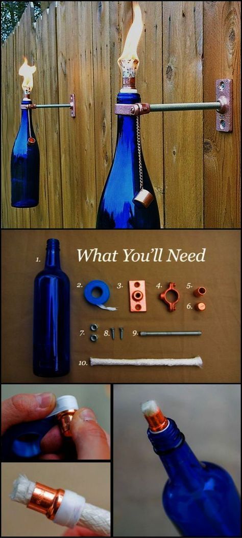 Bottle Torch, Empty Wine Bottles, Backyard Diy, Wine Bottle Diy Crafts, Tiki Torches, Wine Bottle Diy, Garden Deco, Recycled Projects, House Projects