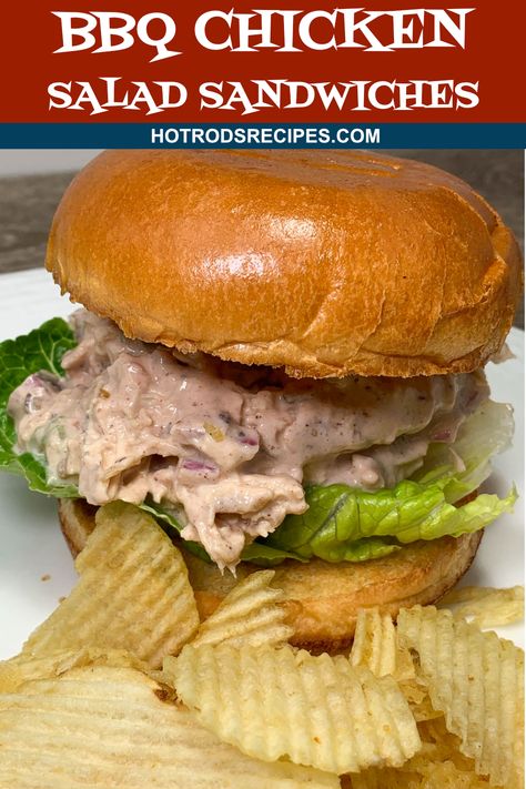 A fantastic recipe for BBQ Chicken Salad Sandwiches. So easy to make and tastes great on your favorite bread or over a bed of lettuce. #chickensalad #chickensaladsandwich #hotrodsrecipes Bbq Chicken Salad Sandwich, Handheld Recipes, Gourmet Mac And Cheese, Chicken Salad Sandwiches, Burger Salad, Bbq Chicken Salad, Chicken Salad Sandwich, Hot Dog Recipes, Grilled Sandwich