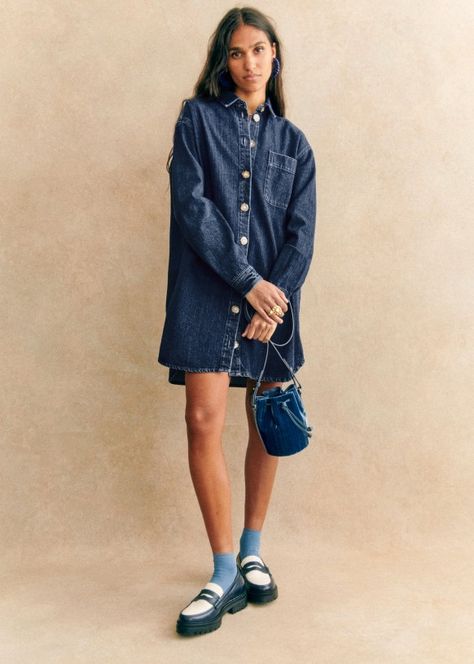 Dark Denim Dress Outfit, Inspo Looks, Denim Dress Outfit, Knitwear Dress, Fall 2023, Penny Loafers, Parisian Style, Denim Shirt, Denim Dress