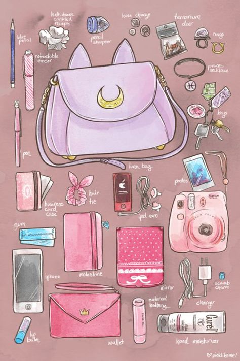 Schul Survival Kits, 귀여운 음식 그림, Bag Illustration, Things Photography, Pink Things, Sailor Moon Aesthetic, In My Bag, Sailor Moon Art, What In My Bag