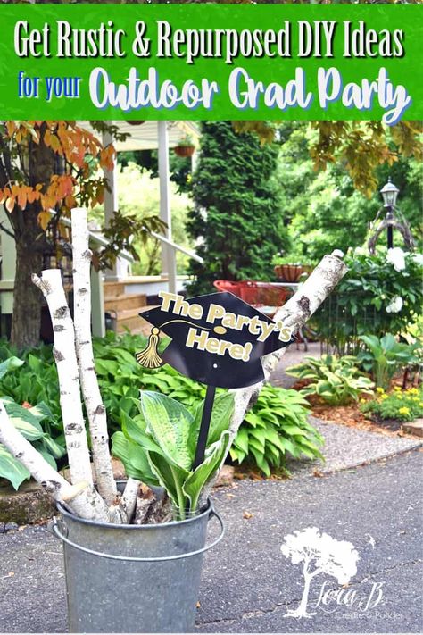 Get unique repurposed graduation party decorating ideas with a woodsy theme. DIY projects and vintage items make this outdoor party decor truly special. #graduationpartyideas #outdoorpartydecor #woodsypartydecorideas #gradpartyideas #vintagerepurposed #DIY #upcycledvintage Outdoor Themed Graduation Party, Forest Graduation Party, Rustic Chic Graduation Party, Woodsy Graduation Party, Country Chic Graduation Party Ideas, Graduation Party Decor Ideas, Outdoor Graduation Party, Outdoor Party Decor, Party Decorating Ideas