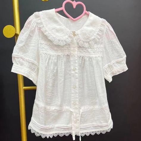 Size 			M 			L 		 		 			Bust 			96 			100 		 		 			Waist 			100 			104 		 		 			Shoulders 			33 			34 		 		 			Full Length 			49 			50 		 		 			Sleeve Length 			22 			22.5 Feminine Collared Shirts, Lace Undershirt, Pan Collar Blouse, Lace Shirts, Peter Pan Collar Blouse, Summer Lace, Pretty Blouses, Thrift Fashion, Girl Fits