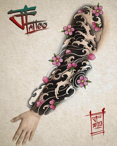 Japanese Patterns Tattoo, Japanese Style Sleeve, Solid Tattoo, Traditional Japanese Tattoo Sleeve, Cherry Blossom Tattoos, Japanese Wave Tattoos, Japanese Tattoo Women, Red Tattoo Ideas, Japanese Tattoos For Men