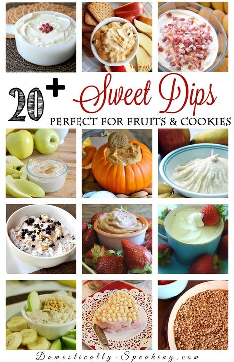 20  Sweet Dips perfect for Fruits and Cookies - your party guest will love these!  Perfect for a baby shower or wedding shower! Sweet Dip, Dip Mixes, Diy Easy Recipes, Homemade Snickers, Fruit Cookies, Sweet Dips, Easy No Bake Desserts, Dessert Dips, Cheesecake Desserts