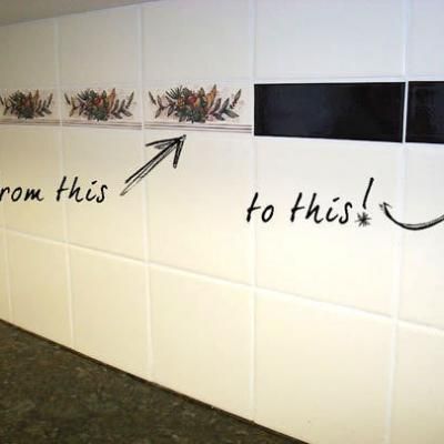 Use mactac to keep it on the walls and it is easy to take off! Great for rentals and no more ugly tile Easy Kitchen Backsplash, Vinyl Cabinet, Ugly Kitchen, Backsplash Wallpaper, Old Bathroom, Herringbone Backsplash, Diy Backsplash, Tile Covers, Trendy Kitchen