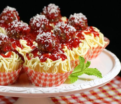 Dessert Auction, Meatball Cupcakes, Italian Birthday, Italy Party, Moist Yellow Cakes, Decorated Cupcakes, Yellow Cake Recipe, Italian Party, Spaghetti Dinner