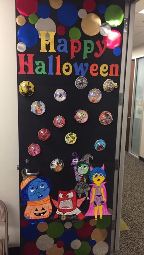 Inside Out - Halloween style. Door decoration at work. Memories were used from plastic ornaments from Michael’s. Kids loved it! #insideout #halloweendoordecorations #doordecorations #schoolbulletinboards Fun Halloween Door Decorations, Toddler Halloween Door Ideas, Halloween Door Decorations For Office Contest, Disney Halloween Door Decorations, Inside Out Halloween Decorations, Classroom Door Ideas Inside Out, Inside Out Classroom Door, Disney Halloween Classroom Door, Inside Out Door Decorations Classroom