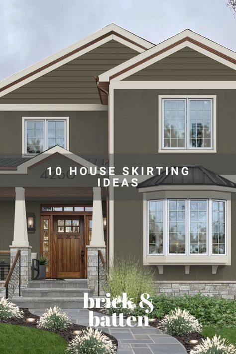 House skirting may not be the most talked about exterior design element, but it is important! See some of our favorite designs featuring house skirting and learn from our application ideas, unique material choices, and color pairing recommendations: https://bit.ly/40znak3 Exterior Skirting Ideas, Side Of House Curb Appeal, Foundation Colors For House, House Skirting Ideas Exterior Diy, Siding Styles Exterior, Painted House Foundation, Brick Skirting House, Foundation Ideas Exterior, Pier And Beam House Skirting