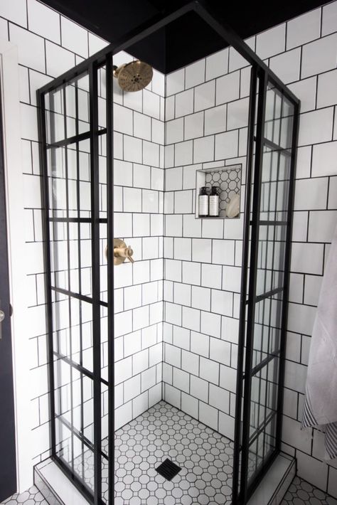 Black Corner Shower Frame, Corner Glass Shower Doors Frameless, Small Corner Shower Ideas, Black Corner Shower, Bathroom Alcove, Bronze Faucets, Basement Bathrooms, Shower Frame, Black Tub