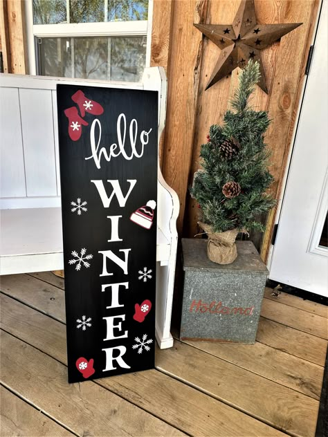 Porch Pumpkins, Winter Porch, Winter Signs, Front Porch Signs, Porch Welcome Sign, Christmas Signs Wood, Hello Winter, Painted Wood Signs, Porch Sign