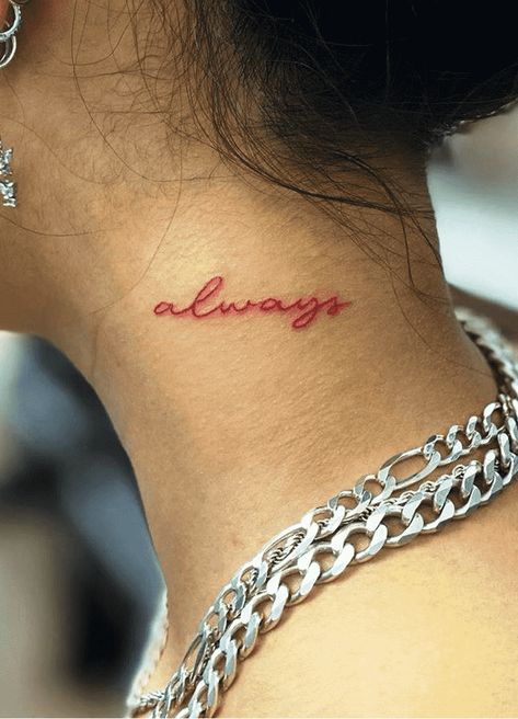 Small Red Neck Tattoos For Women, Small Cursive Neck Tattoo, One Word Neck Tattoo, Cool Neck Tattoos For Women, Cursive Name Tattoo On Neck, Neck Tattoo Cursive, Lower Neck Tattoo Women, Small Word Neck Tattoos, Neck Tattoos Women Side Words