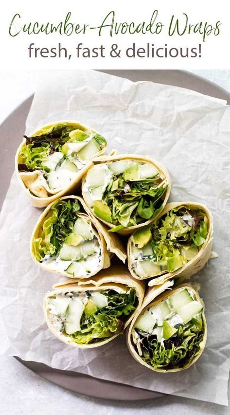 These fresh and crisp cucumber avocado wraps with fresh greens are sort of like those little cucumber sandwiches served at tea parties, but a lot less fussy and more amped up thanks to a pesto-spiked cream cheese spread. They’re an easy no-cook weekday lunch. Easy Vegetarian Wraps Lunches, Cucumber Avocado Sandwich, Avocado Wraps Recipes, Avocado Wrap Vegetarian, Vegetarian Wraps Recipes, Healthy Avocado Pasta, Breakfast Cucumber, How To Freeze Avocado, Avocado Lunch Recipes