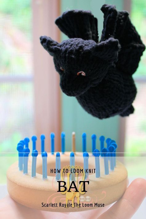 Click to learn how to loom knit this bat on any 24 peg loom!!! The bat is part of a 50 Loom Knit Stuffed Animal book. Loom Stuffed Animals, Loom Knit Easy Projects, Loom Crochet Patterns Free, Loom Knit Bookmark, Loom Knit Halloween, Halloween Loom Knitting, Loom Knit Halloween Projects, Loom Knit Stuffed Animals, Loom Knit Animals