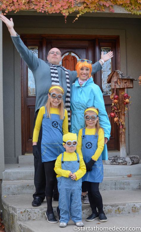 Bugs Family Costumes, Gru Lucy And Minion Costume, Gru And Minions Group Costume, Group Halloween Costumes Minions, Minion Custome Halloween, Gru Costume Men, Diy Despicable Me Costume, Family Halloween Custome, Matching Family Halloween Costumes For 4