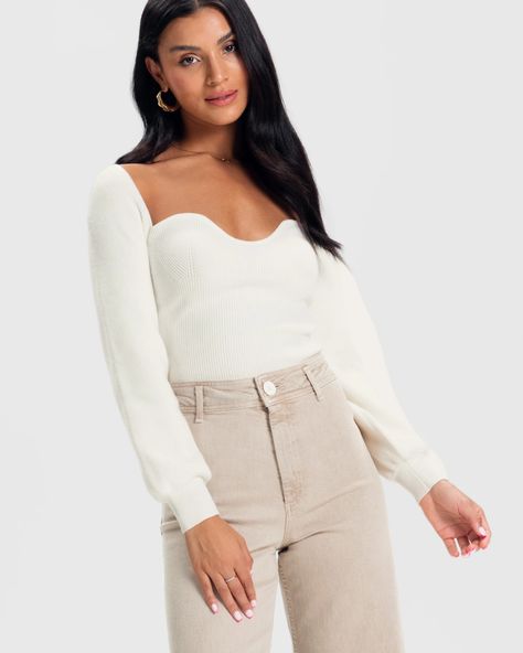 Bustier Rib Knit Top - Off-White – Apero Label Pixie Market, Long Bell Sleeves, Rib Knit Top, White Long Sleeve Top, Long Sleeve Knit Tops, On Repeat, China Fashion, Ladies Boutique, Who What Wear