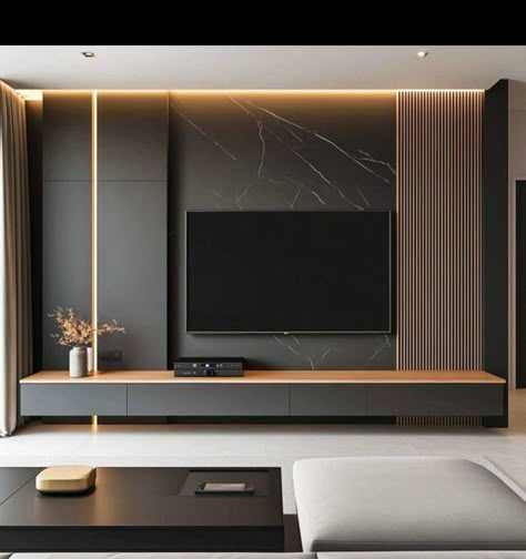 Media Wall Bedroom Ideas, New Modern Tv Unit Design, Black Living Room Cabinets, Best Tv Wall Design, Tv Unit Design Modern Black, Bedroom Wall Unit Ideas, Tv Unit Ideas For Bedroom, Tv Panels For Bedroom, Tv Room Design Ideas Interiors