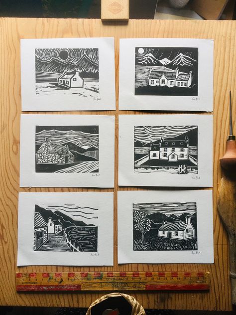 This is a wee Scottish cottage lino print, there are four to choose from- It is an original limited-edition lino print that has been designed, carved into a piece of linoleum and printed onto high quality rescued paper.  It will be packaged with a piece of recycled card backing to hopefully prevent bending or damage.  Please note that each print is completely individual so speckling/placement/look will differ in each print. Each one is unique All original artwork is copyright Fiona Black and can Print Making Designs, Witch's Cottage, Cottage Prints, Linoleum Print, Linocut Printmaking, Lino Art, Hand Carved Stamps, Linocut Art, Lino Print