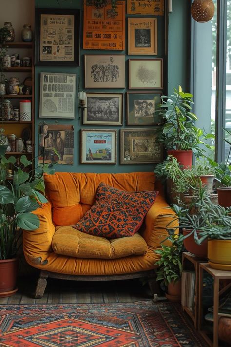 living room decor ideas Eccentric Vintage Decor, Cozy Boho Living Room Inspiration Vintage, Retro Living Room Aesthetic, Eccentric Living Room, Cozy Reading Room, Living Room Decor Ideas, Apartment Decor Inspiration, Room Decor Ideas, Cozy Reading