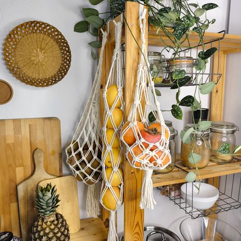 Macrame Fruit Hanger, Hanging Vegetable Basket, Fruit Hanger, Hanging Baskets Kitchen, Our First Apartment, Plastic Bag Storage, Produce Storage, Hanging Fruit Baskets, Fruit Bag