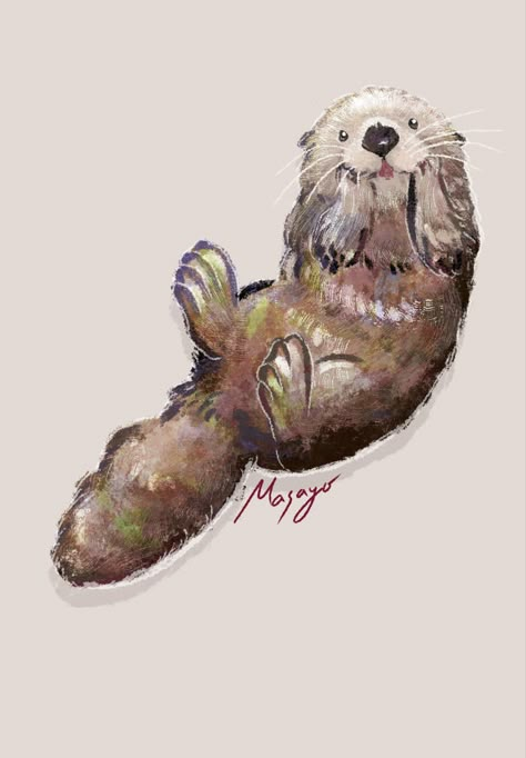 Sea otter Illustration Otter Reference Drawing, Sea Otters Drawing, Sea Otter Watercolor, Sea Otter Cartoon, Sea Otter Tattoo Design, Simple Otter Drawing, Sea Otter Drawing Easy, Otter On Back, River Otter Drawing