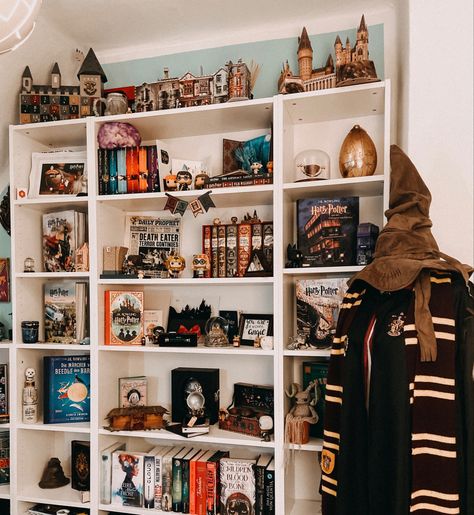 Harry Potter Shelves, Harry Potter Book Shelf, Harry Potter Aesthetic Room Decor, Marvel Room Ideas, Harry Potter Bookshelf, Harry Potter Shelf, Harry Potter Display, Lego Display Ideas, Harry Potter Bedroom Decor