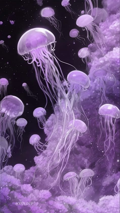 Purple Sea Animals, Cartoon Jellyfish Wallpaper, Purple Sea Wallpaper, Purple Jellyfish Aesthetic, Jellyfish Phone Theme, Phone Backgrounds Purple, Purple Jellyfish Wallpaper, Jellyfish Landscape, Jellyfish Aesthetic Wallpaper