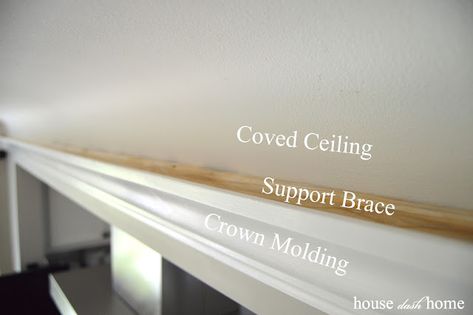 House dash Home: Adding Crown Molding to Coved Ceilings Cove Ceiling Ideas Living Room, Painting Coved Ceilings, Coved Ceiling Living Room, Coved Ceiling Ideas, Coved Ceiling Paint Ideas, Cove Ceiling Design, Cove Ceiling Ideas, Thick Crown Molding, Dining Ceiling