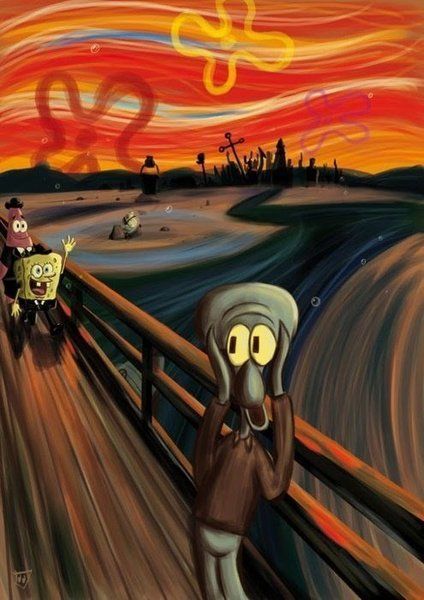 Scream Parody, Funny Artwork, Grant Wood, Le Cri, Spongebob Wallpaper, The Scream, Edvard Munch, Art Parody, Rene Magritte