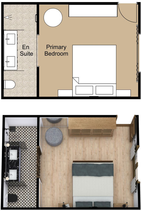 A beige and black 2D and 3D small bedroom floor plan with a king-size bed, a dresser, and a en suite. Small Primary Suite Layout, Small Master Suite Floor Plan, Primary Bedroom Ensuite Layout, Master Suite Layout Floor Plans, Small Master Suite Layout, Dark Wood Doors, Tiny House Main Floor Bedroom, Small Primary Bedroom, Small Master Suite