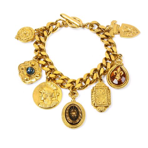 PRICES MAY VARY. The Ben-Amun Royal Charm collection is reminiscent of the Classical period where kings and queens decorated themselves in gold jewelry that included gems and imprints of their families emblem’s that eventually would be passed down to their heirs. This collection offers jewels in such colors as ocean blue, ruby red, and emerald green; colors customarily representative of royalty. The Royal Charm celebrates the heritage and beauty of this historic time and technique. Ben-Amun jewe Ahs Style, Coin Charm Bracelet, Chunky Gold Chain, Locket Bracelet, Gold Locket, Gold Charm Bracelet, Locket Charms, Gold Bracelet Chain, Vintage Bracelets