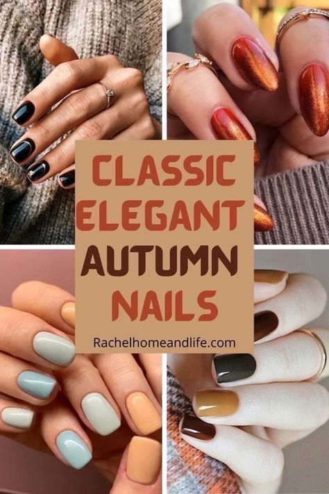 Autumn nails- black nails with gold accents, burnt orange fall nail colors, pastel blue and orange nails, and orange green and brown mix fall nails. Elegant Autumn Nails, November Nails Colors, November Nails Fall, November Nail Designs, Simple Fall Nails, Autumn Nail, November Nails, Fall Gel Nails, October Nails