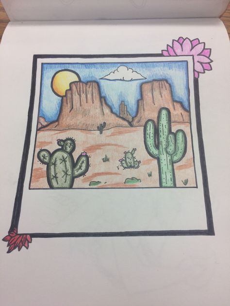 Desert Polaroid Drawing Desert Bujo Theme, Desert Drawing Ideas, Desert Drawing Easy, Polaroid Drawing Simple, Polaroid Picture Drawing, Desert Drawing Simple, Polaroid Drawing Ideas, Drawing Ideas Landscape, Desert Doodles