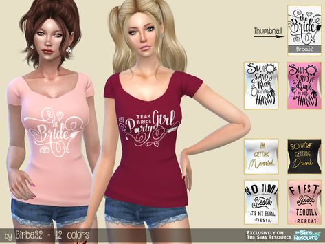 Sims 4 — Bachelorette Party by Birba32 — The bride and her party girls need some funny T-shirts for the hen party. Find Sims 4 Bachelorette Party Cc, Sims 4 Bachelorette Party, Clothes Teen, Frozen Elsa Dress, Marina Dress, Bridal Shirts, Sims 4 Collections, Cc Sims, Team Bride