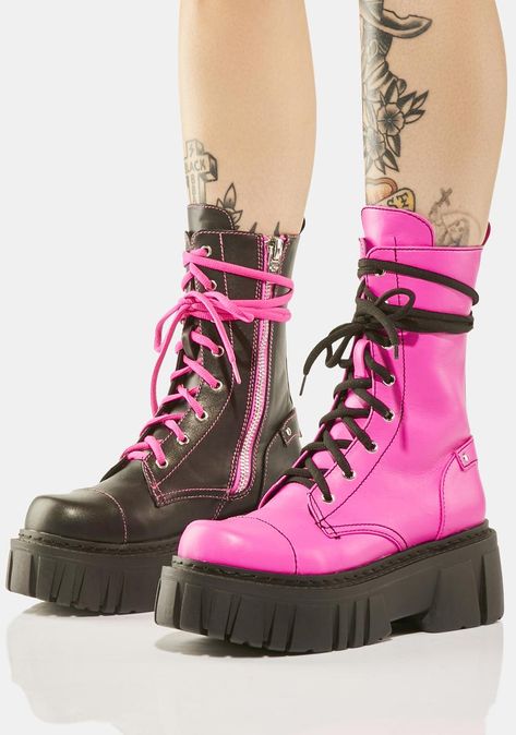 Hot Pink Combat Boots, Cool Combat Boots, Mismatched Shoes Outfit, Combat Boots Aesthetic Grunge, Combat Boots Reference, Neon Outfits Aesthetic, Black And Pink Boots, Pink And Black Boots, Boots Reference