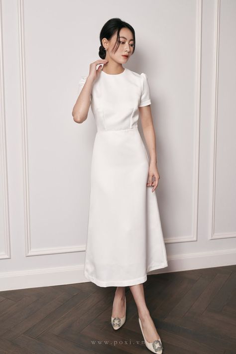 Minimal White Dress With Sleeves, Chic White A-line Midi Dress, White Chic A-line Long Sleeve Dress, White Relaxed Fit A-line Dress, Cocktail Dress Modest, Petite Dresses Casual, White A-line Midi Dress With Button Closure, Celestial Dress, White Dresses Graduation