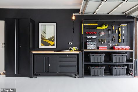 How to transform your garage for $2,500: Couple make over cluttered space with items from Bunnings Garage Workshop Layout, Garage Storage Inspiration, Garage Workshop Plans, Garage Design Interior, Garage Organisation, Home Gym Garage, Garage Renovation, Garage Studio, Garage Office