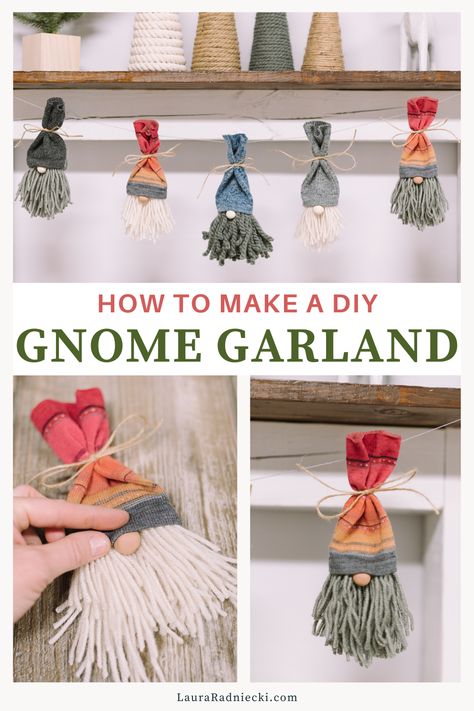 Learn how to make a DIY gnome garland for Christmas, using handmade yarn and sock gnomes, and twine. Perfect holiday decor for your mantel! Nomes Made With Yarn, Winter Yarn Crafts, Yarn Christmas Tree Garland, Diy Yarn Crafts Decor, Yarn Garland Christmas, Gnome Garland Diy, Yarn Garland Diy, Yarn Gnomes Diy, Diy Yarn Garland