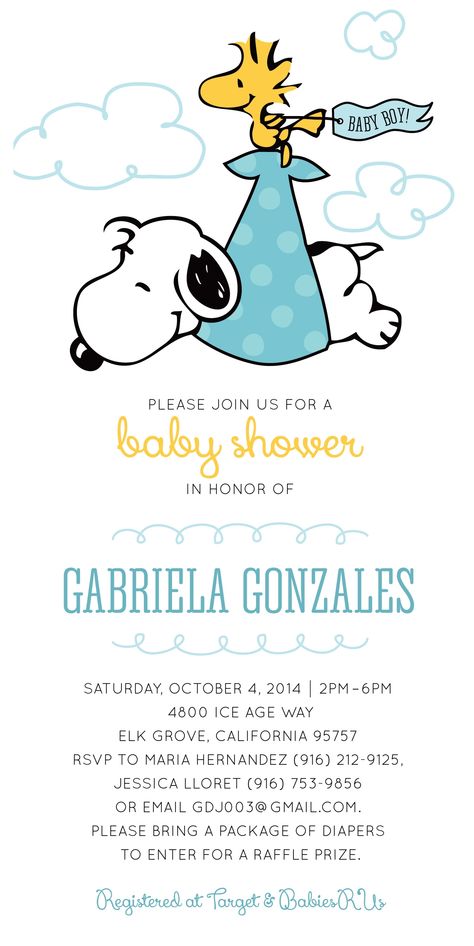 Gaby's Shower Invitation Baby Snoopy Wallpaper, Snoopy Gender Reveal, Snoopy Themed Baby Shower Ideas, Peanuts Baby Shower Ideas, Snoopy Baby Shower Ideas, Snoopy Baby Shower Decorations, Snoopy Baby Shower Theme, Snoopy Baby Shower Cake, Snoopy Baby Shower Invitations