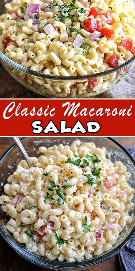 🥣 This creamy and tangy Classic Macaroni Salad will be the star of your next potluck or picnic! Ready in no time and always a hit. 🧡 #SummerSalads #EasyRecipes #PartyFood Traditional Macaroni Salad, Easy Salads For A Crowd, Easy Salads For Dinner, Dishes To Bring To A Party, Easy Salad Ideas, Picnic Lunch Ideas, Classic Macaroni Salad Recipe, Pasta Side Dish, Creamy Macaroni Salad