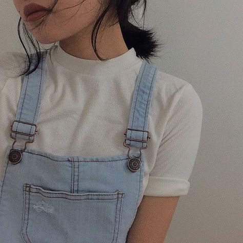 A Girl, Black Hair, We Heart It, Overalls, Lost, Hair, Blue, White, Black