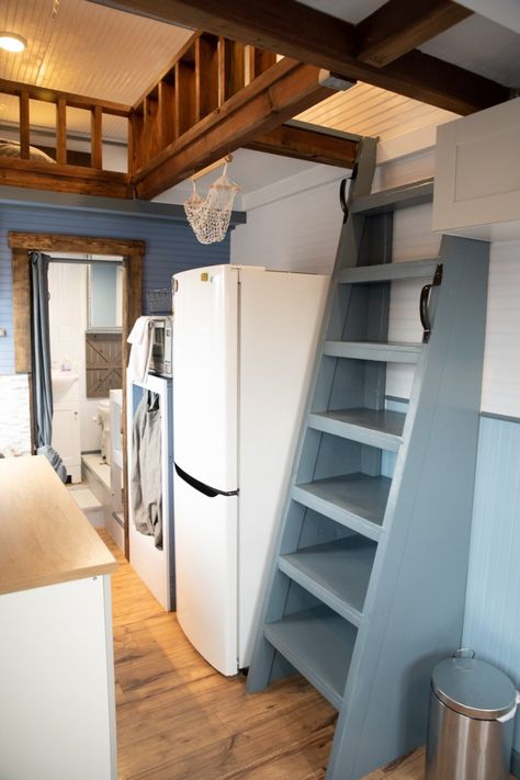 Photo 12 of 16 in A Couple Escapes Debt by Building a Tiny House For Under $20K - Dwell Double Loft Access, Small Loft Ladder Ideas, Ladder Loft Ideas, Loft Access Ideas, House Staircase Design, Tiny House Staircase, Small Space Staircase, Loft Access, House Ladder