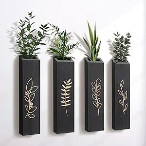 Wood Wall Planter, Farmhouse 4 Pack Indoor Pocket Wall Vases Decor for Living Room Bedroom Dried Flowers Faux Greenery Plants (Black) Black White And Green Bedroom, Green And Black Decor, Plant Wall Shelf, Wood Wall Planter, Fake Lavender, Wall Vase Decor, Wall Hanging Decorations, 2024 Bedroom, Wooden Vases