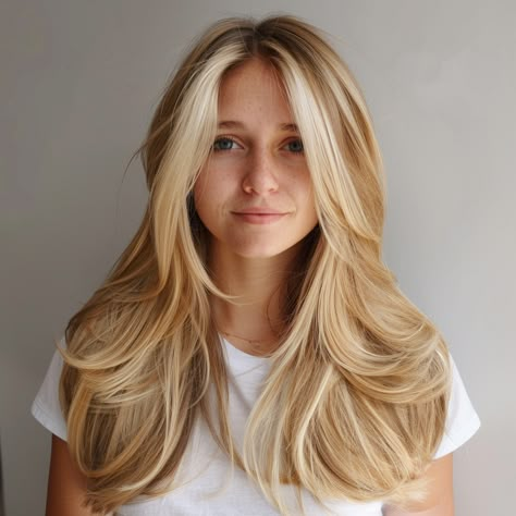 trendy-long-layered-haircuts Long Layer Blonde Haircut, Long Soft Layered Haircuts, Blonde Long Layered Haircuts, Chunky Front Layers, Long Sweeping Layers, Long Hair With Layers Middle Part, Graduated Layers Long Hair, Stylish Long Haircut For Women, Long Layered Hair Low Maintenance